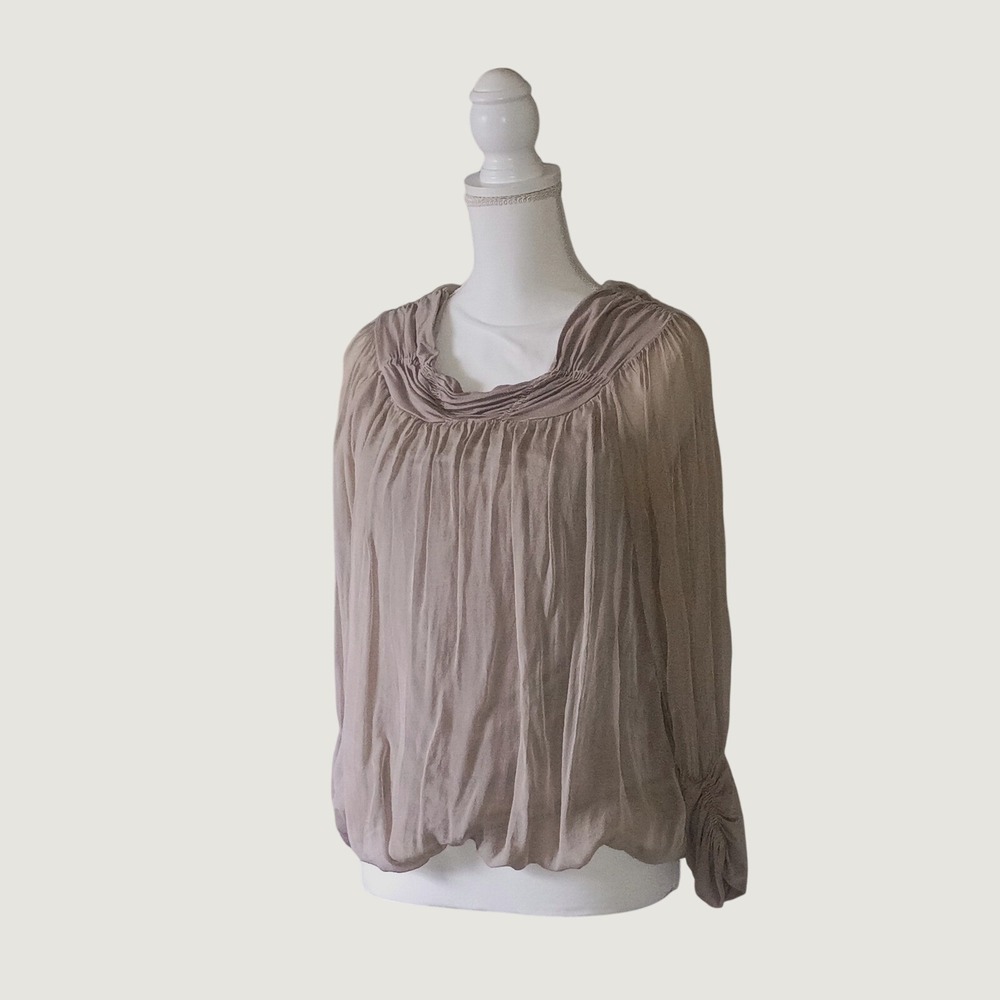 JOOSH Paris Taupe‎ 90s Glam Vampy  Smocked Ruched Sheer Silk Blend Blouse Top L